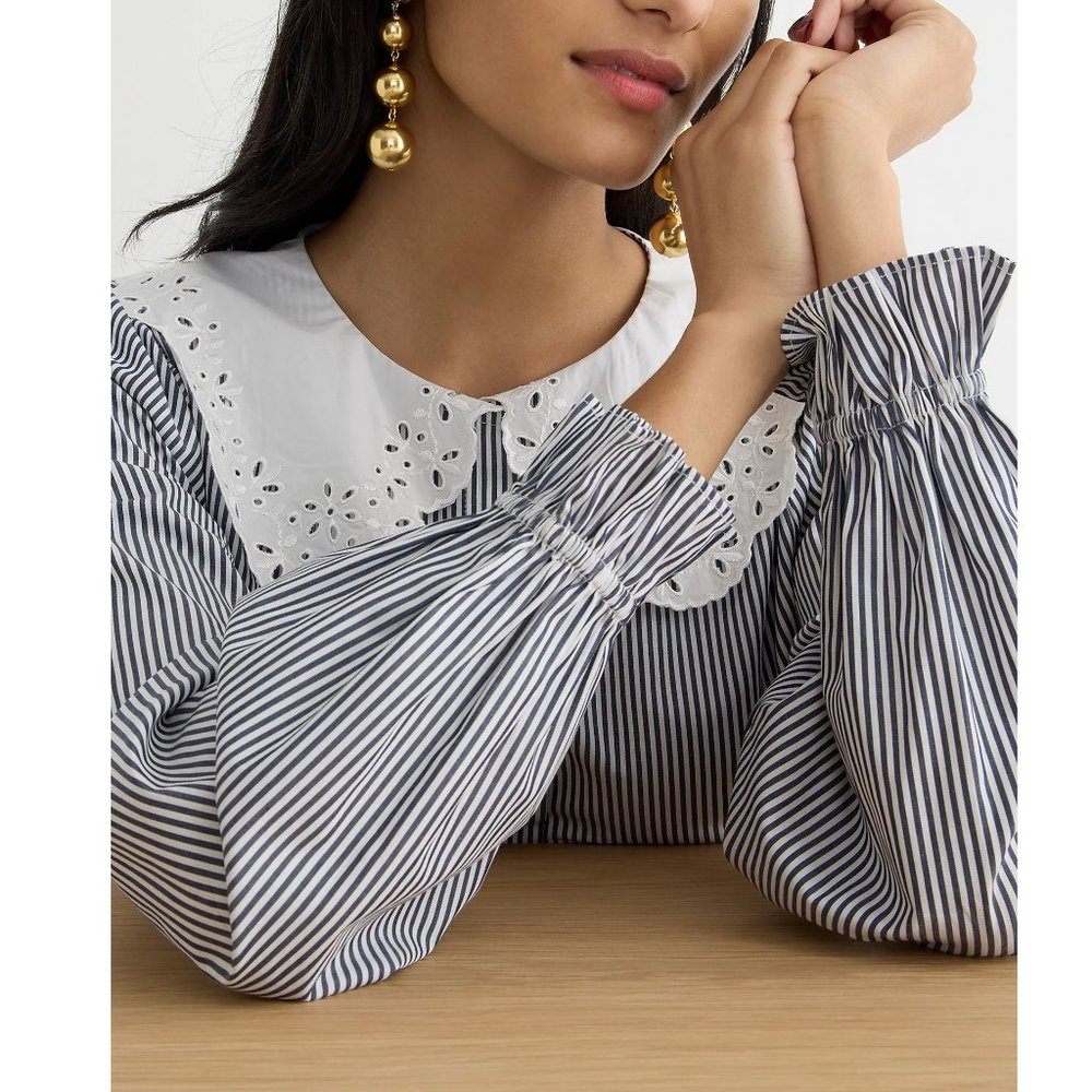 J. Crew Lace Collar Cotton Poplin Top Navy White Stripe Medium